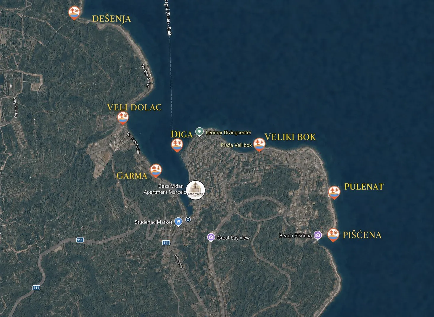 Karta sedam plaža u Stomorskoj na otoku Šolti